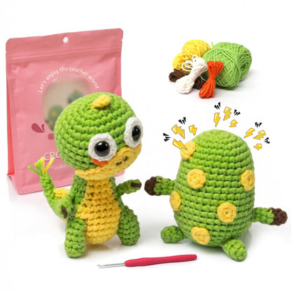 Eelexa Crochet Kit for Beginners - 2 Pack Set with Dinosaur Plush, Egg& Squeaker, Complete Starter Kit with Yarn, Tools & Video Tutorial, DIY Animal Craft Gift for Lovers