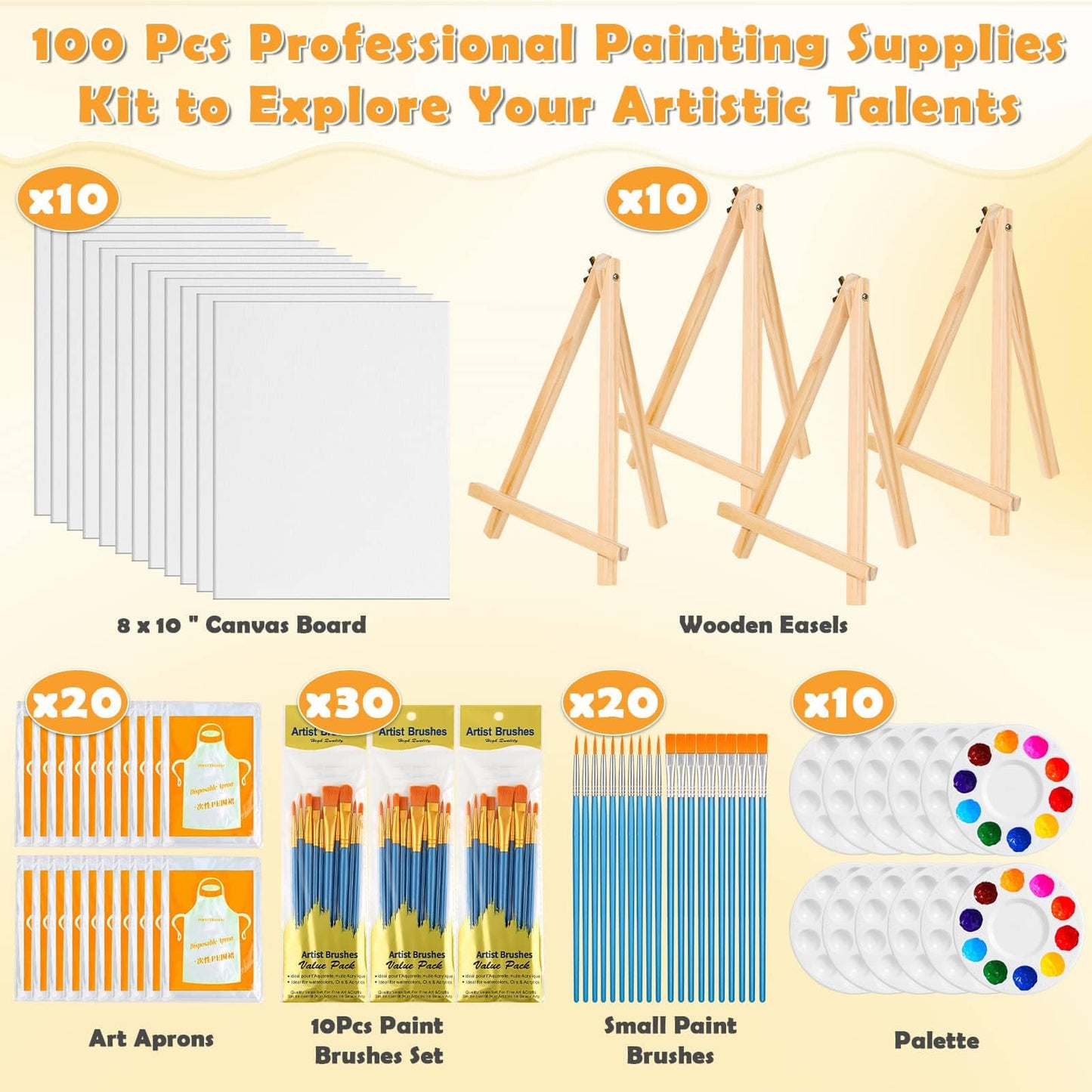 100-Pack 8x10 Inch Canvas Boards for Painting – Complete Art Kit with 50 Brushes, 20 Art Aprons & Paint Trays – Includes Mini Easel for Adults Beginners & Party Art Projects Home Deco