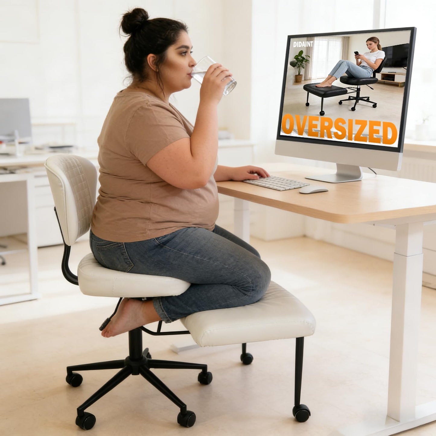 DIDAINT Meditation Chair with Footrest, 360° Swivel Height Adjustable Criss Cross Chair, White PU Padded Wide Seat, Home Office Desk Chair for Reading, Yoga, Peaceful Living