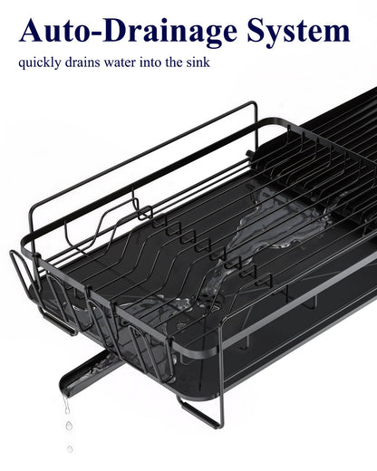 Kitsure Large Dish Drying Rack - Extendable Dish Rack, Multifunctional Dish Rack for Kitchen Counter, Anti-Rust Dish Drainers with Cutlery & Cup Holders 19.2"-26.7" L x 12.9" W, Black