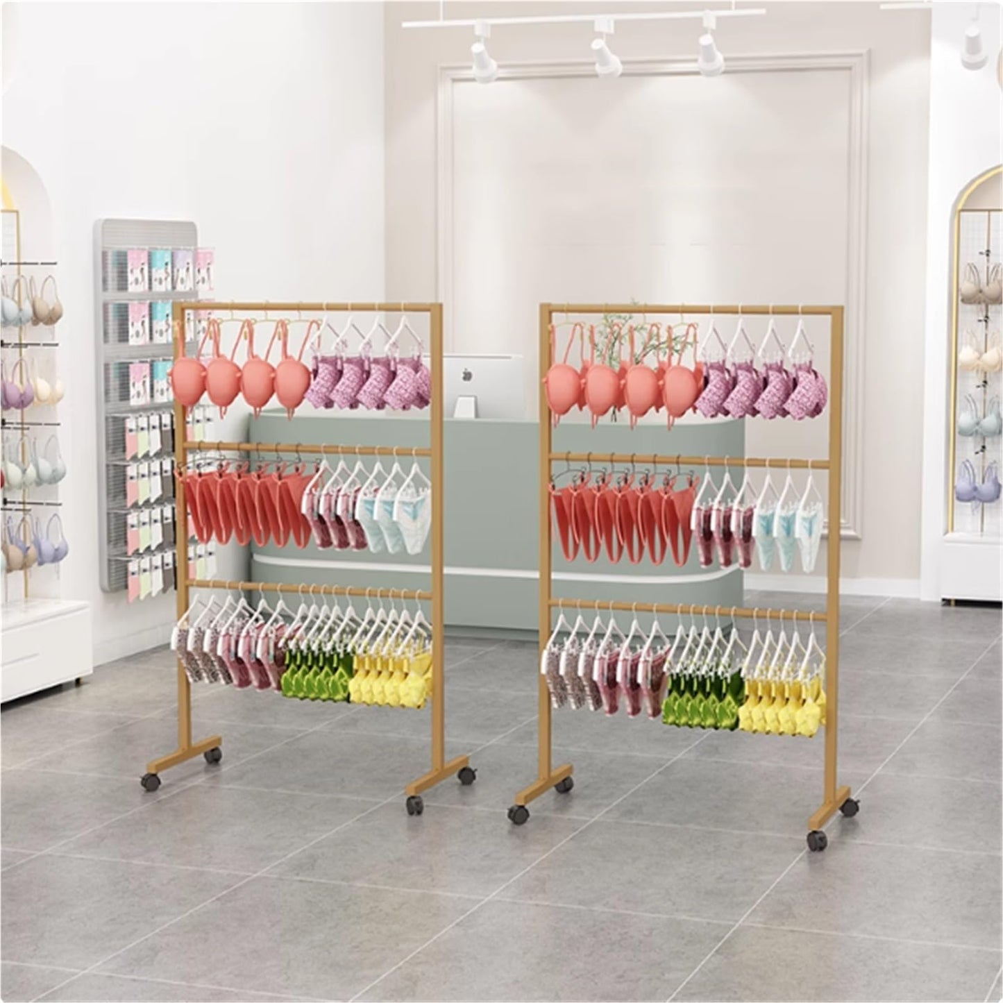 Metal Lingerie Bra Rack Swimsuit Organizer Hanger, Anti-Slip, Underwear Mobile Display Stand with Wheels, Commercial Clothing Store Shelf, for Shorts,Hats, Sock, 3 Tier(Gold,120 * 40 * 135cm)
