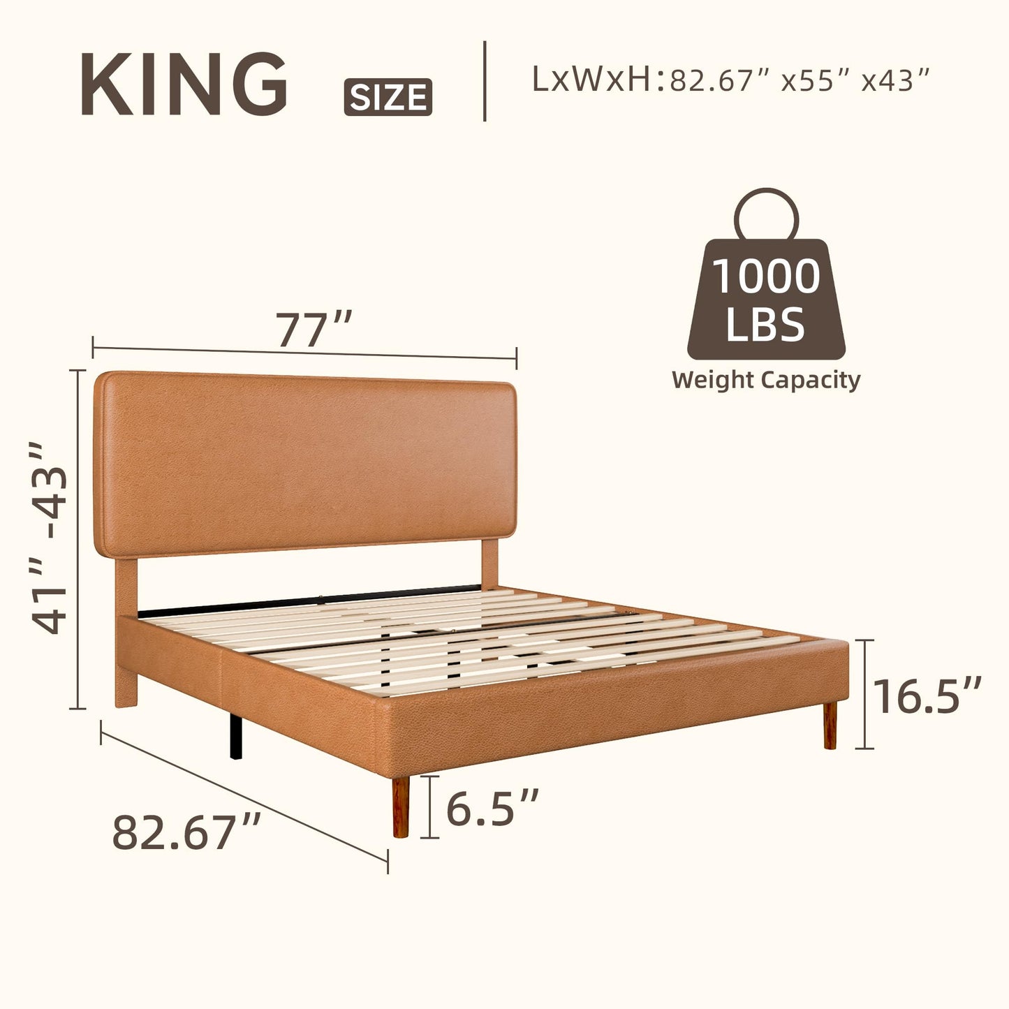 Lcwtvgxr King Size Leather Platform Bed Frame with Adjustable Upholstered Headboard, Solid Wooden Legs, No Box Spring Needed, Easy Assembly, Noise Free, Orange-Brown