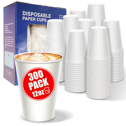 MOUMOULIFE Disposable Paper Coffee Cups 12 oz 300 Count Bulk, Leak-Proof White Coffee Cups for Hot & Cold Beverages, Party Supplies, Recyclable Paper Cups