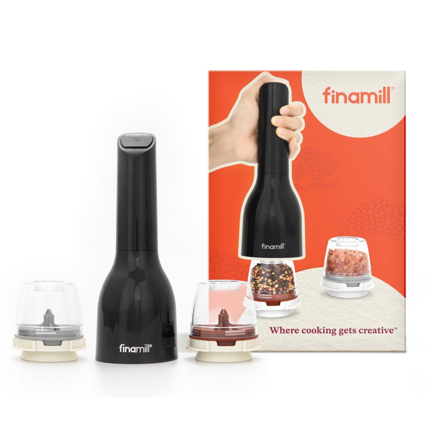 FinaMill Classic Battery Spice Mill – Battery Operated Salt and Pepper Grinder Set, Includes 2 Interchangeable Spice Pods, Adjustable Coarseness, Ceramic Grinder, LED Light, Home and Kitchen Gift Set