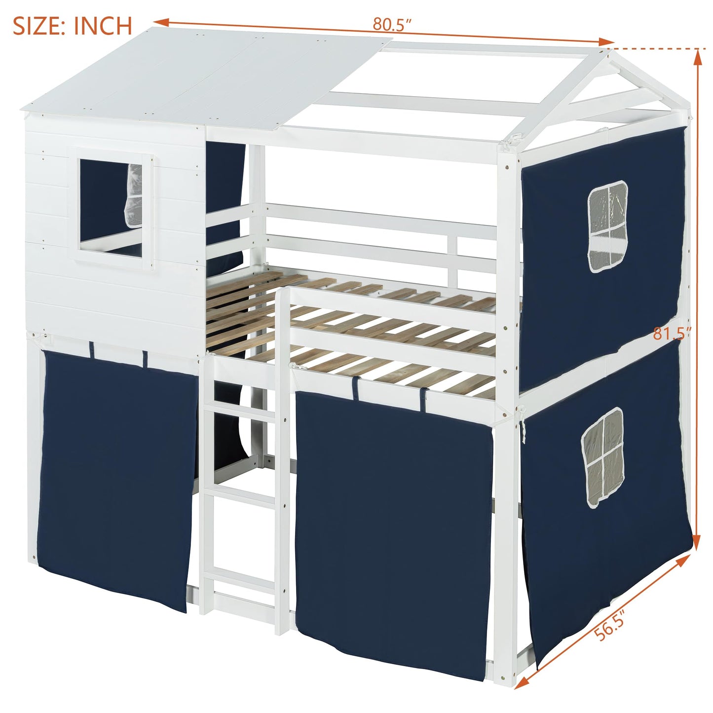 Full Over Full Bunk Bed with Tent, Wood Full Size House Bed Frame, Blue+White