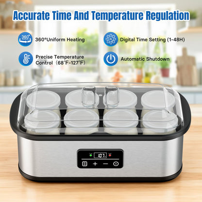 Yogurt Maker with 8 Glass Jars, Yogurt Maker Machine with Adjustable 1-48H Time & Temp Control, Make Healthy Yogurt with Full Probiotics