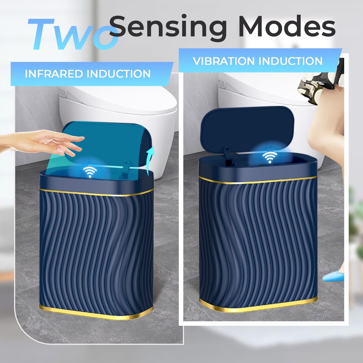 steo spce Bathroom Small Trash Can with Automatic Touchless Lid, 2.6 Gallon Smart Garbage Can Narrow Waterproof Trash Bin for Bedroom, Office, Living Room (Dark Blue)