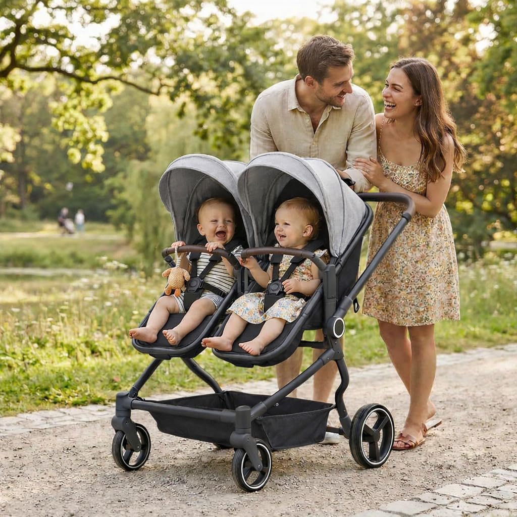 TALENBEEN Double Stroller for Infant and Toddler, Lightweight Side by Side Twin Baby Stroller, 26.8" Slim Design Fits Doors, Compact Foldable Travel Stroller, Independent Recline, Gray