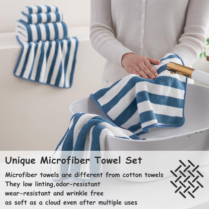 18 Set Loop-6 Towels,6 Towels,6 Set Pcs Navy Stripe Bath Towel with Hanging Bath Hand Washcloths Soft Family Towels