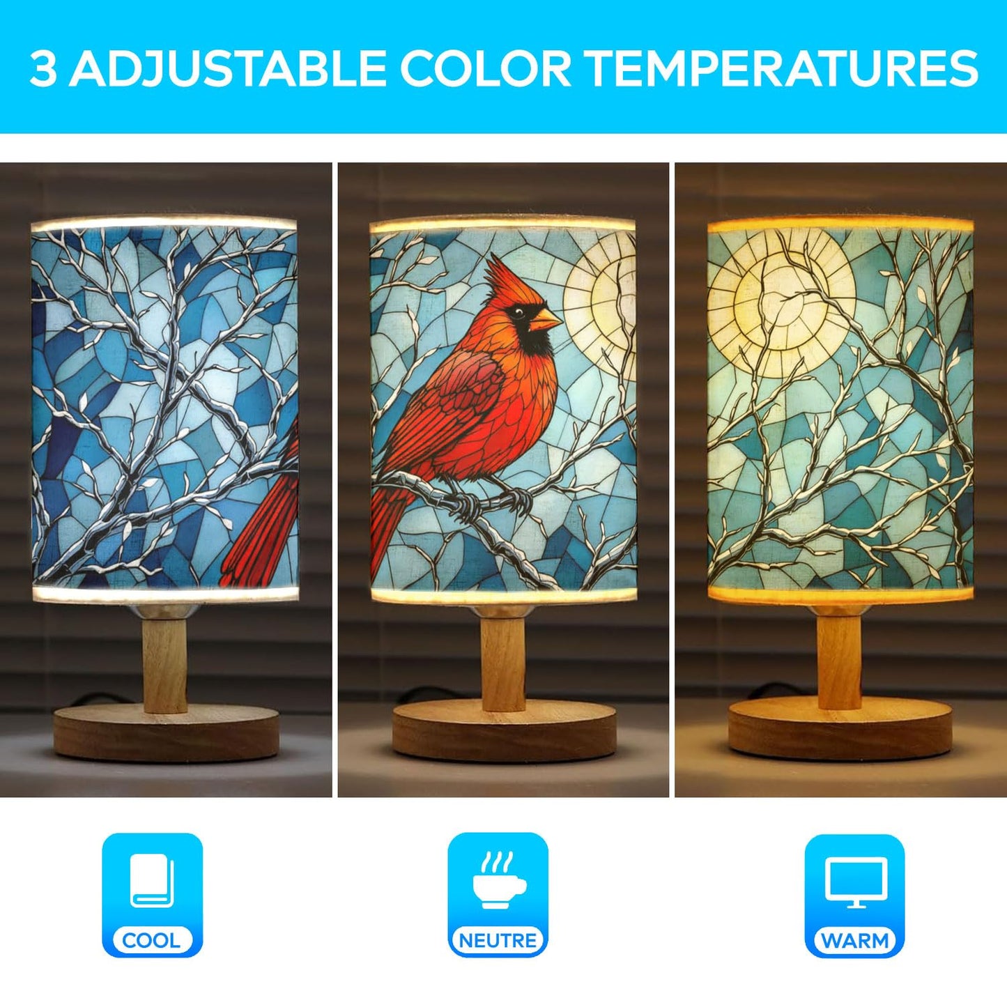 44memory Cardinal Table Lamp LED 3-Color Pressed Bedside, Cardinal Shade Lamp with Wood Base for Bedroom Living Room Desk Office TL01