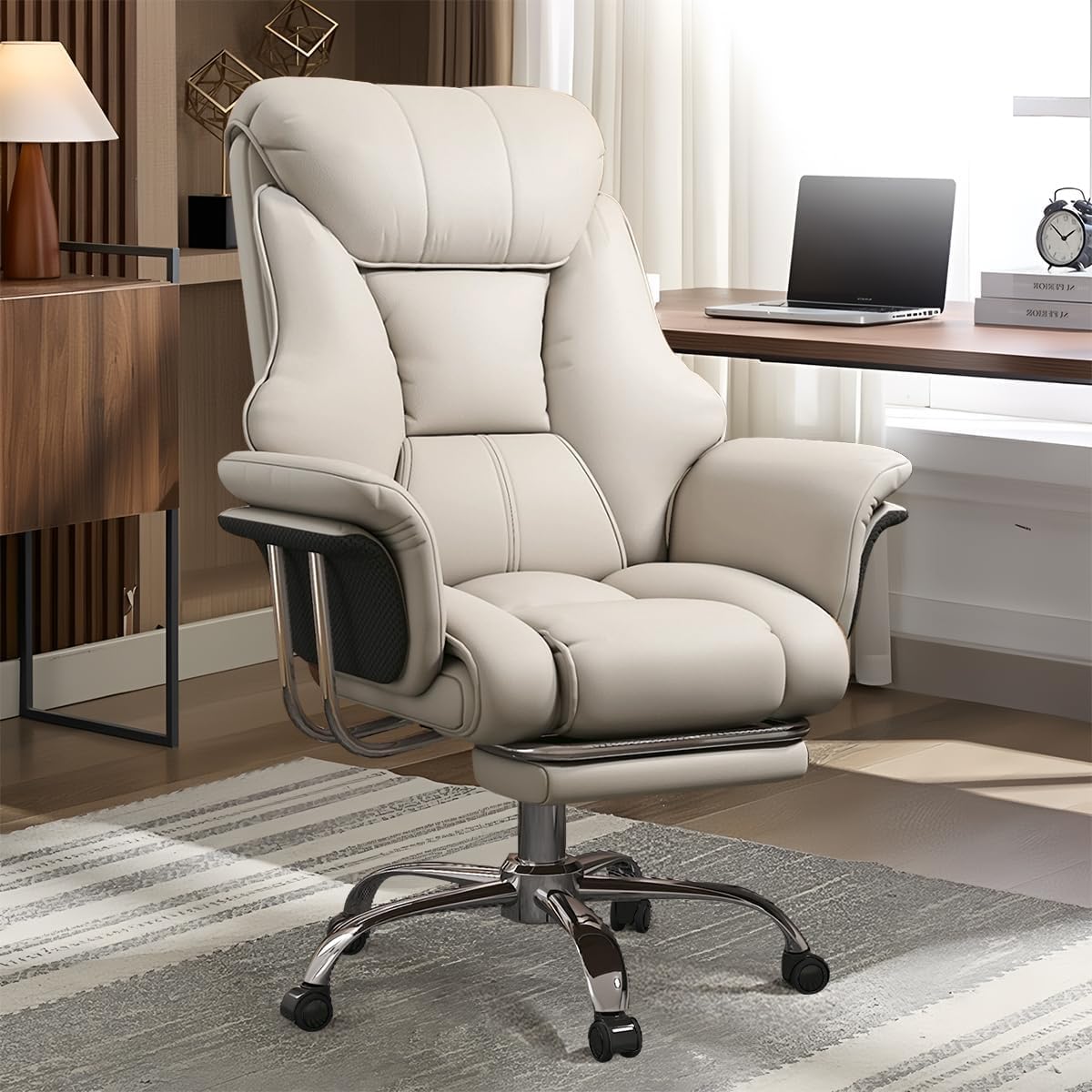 Executive High-Back Office Chair, Beige PU Leather, 550 Lbs Capacity, Retractable Footrest, Swivel with Chrome Base