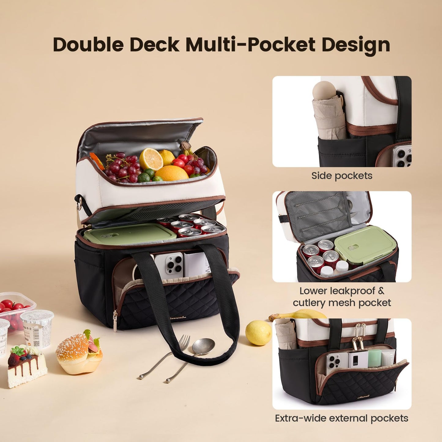 LOVEVOOK Insulated Lunch Bag For Women,Large Double Deck Adult Lunch Box,Teacher Lunch Tote Bag With Cup Holder,Leakproof Cooler Bag With Adjustable Shoulder Strap For Work Picnic Beach,Larger 15L