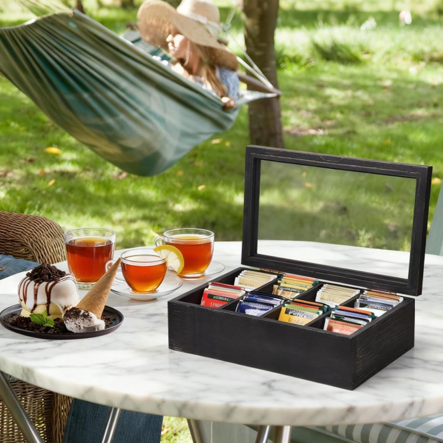 Alsonerbay Wooden Tea Box Tea Bag Holder Kitchen Storage Chest Box for Spice Pouches and Sugar Packets with 8 Compartments and Glass Window Weathered Black