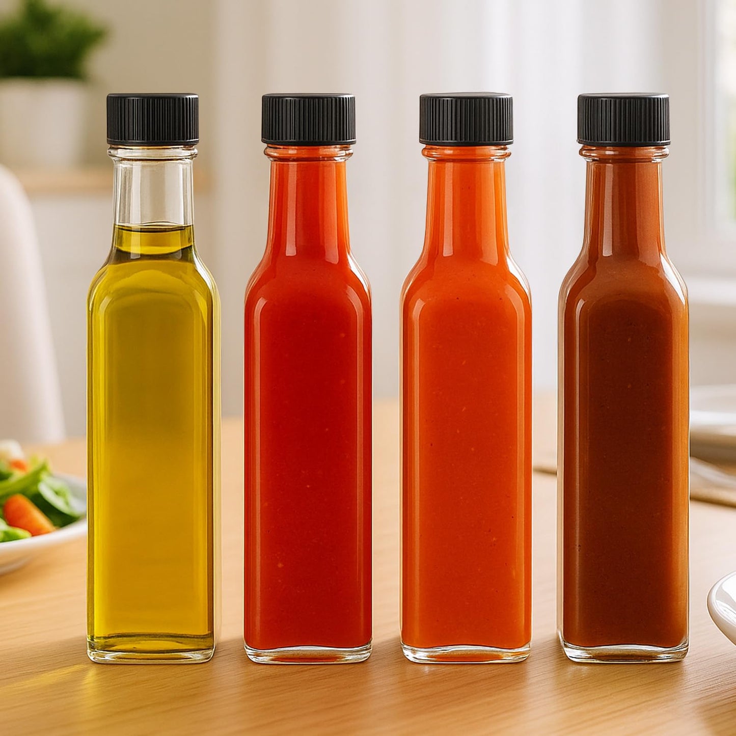 WERTIOO Hot Sauce Bottles 18-Pack 8.5oz Glass Bottles with Caps - Square Hot Sauce Containers for Homemade Chili Oil, Vinegar, BBQ - Empty for Liquid Storage & Gifting, Clear (Leakproof)