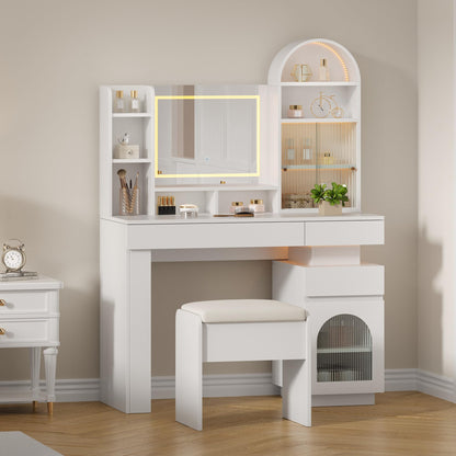 Garvee Vanity Desk with Mirror, LED Lights and Power Outlet Makeup Vanity Table with 3 Drawers and 11 Storage Shelves Dressing Table Set for Bedroom Dressing Room