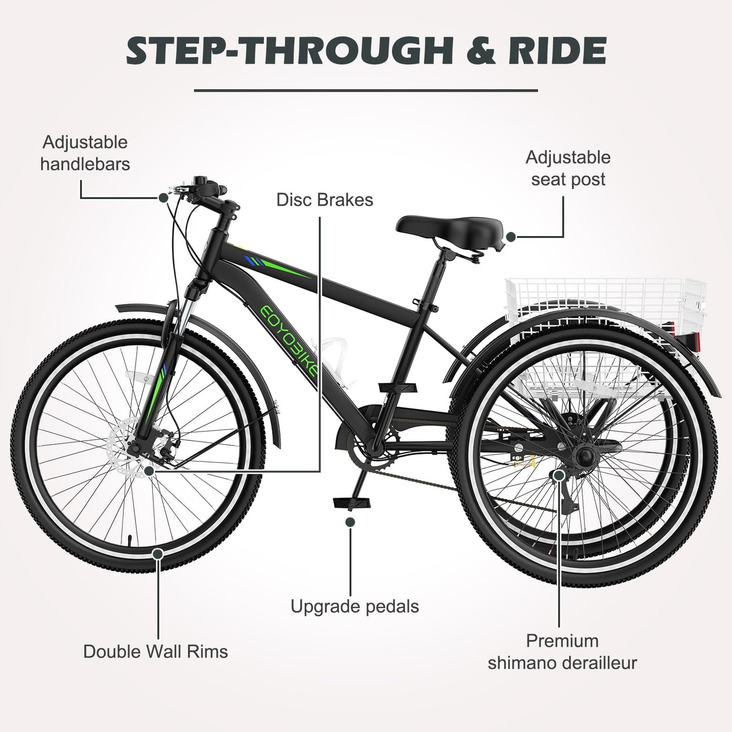 H&ZT Adult Tricycle, 3 Wheeled Bike, Trike Cruiser Bike, with 7-Speed Gear, Parking Brake Handle, Low Step, Large Rear Basket, Elderly Friendly, for Men, Women, and Teens
