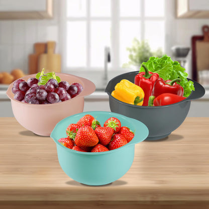 Cheeren Set of 3 Mixing Bowls with Pour Spout-Nesting Design Saves Space - Non-Slip, BPA Free, Dishwasher Safe Plastic - Kitchen Cooking and Baking Supplies (Green Pink Grey)