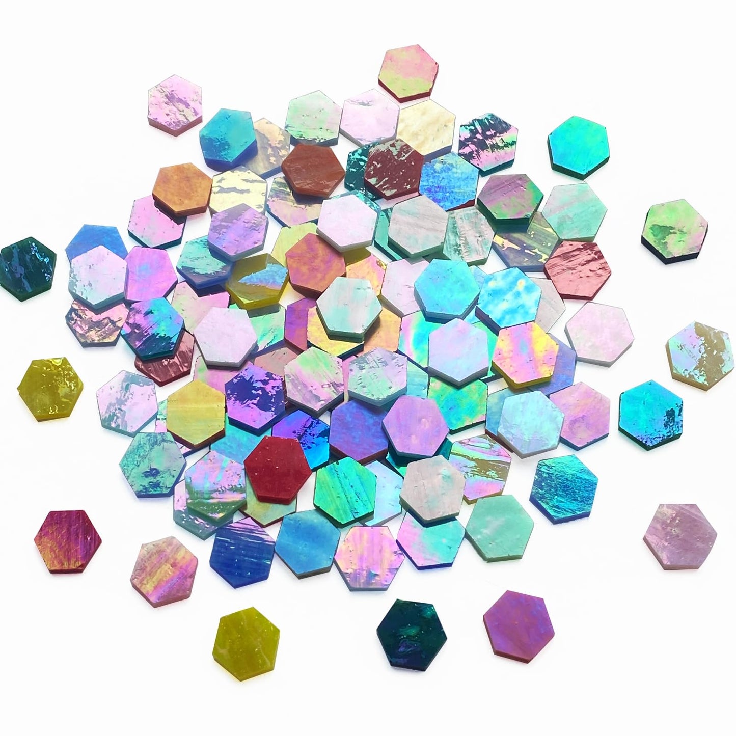 KALUCION 100 Pieces Hexagon Mosaic Tiles for Crafts Bulk, Iridescent Stained Glass Pieces Precut Hexagons for Mosaic Projects, Home Decor