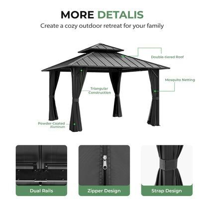 LUXIJOY 12' x 12' Hardtop Gazebo, Aluminum Frame with Double Galvanized Steel Roof, Outdoor Metal Gazebo with Netting & Curtains for Backyard, Garden, or Deck, Grey