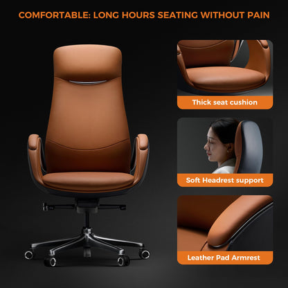 TOMU Top Grain Genuine Leather Executive Office Chair Brown, Luxury Office Chair with Aluminum Sturdy Base, High Back Ergonomic Boss Chair for Long Hours, Reclining and Rolling smoothly, (Brown)