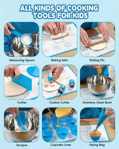 Kids Baking Set–Real Cooking Set for Kids with Kids Cooking Utensils & Kitchen Accessories, Measuring Tools & Baking Supplies,Great Gift for Pretend Play & Montessori Learning (Blue)