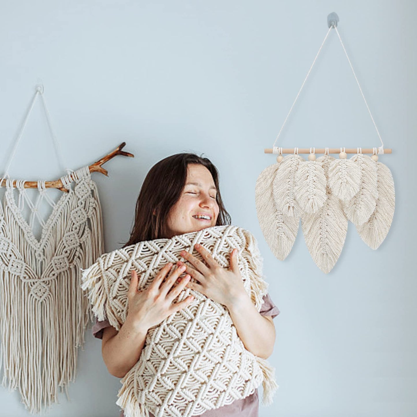 FREEBLOSS 2 Set DIY Macrame Leaf Wall Hanging Kit Macrame Feather 100M Macrame Cord and 20Pcs Wooden Beads Boho Macrame Wall Hanging Decor Macrame DIY Kit Handmade Gift for Mom Girls