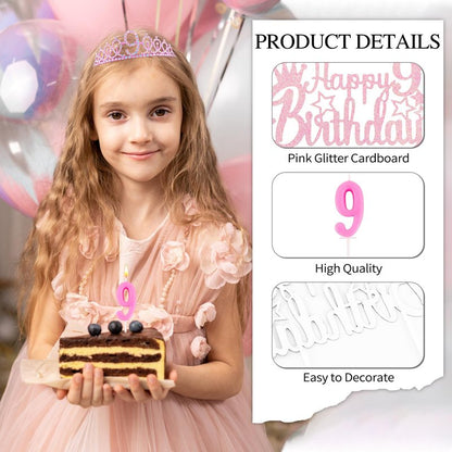 Vovii 9th Birthday Party Decorations Set for Girls- Pink Crown, Glitter Sash, Number 9 Candle & Cake Topper Kit for Birthday Celebrations Party Supplies Gift