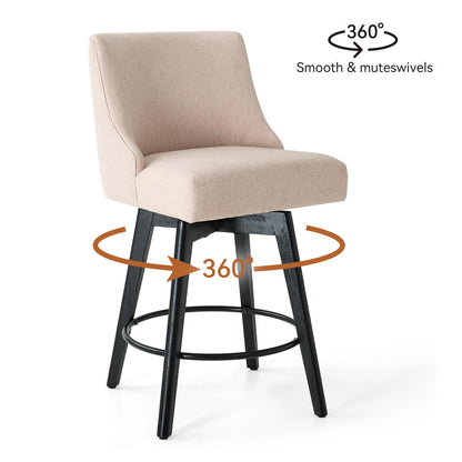 Vipbear Counter Height Bar Stools Set of 2, Modern Linen Fabric Swivel Barstools with Contoured Backs and Solid Wood Legs, 26" Seat Height Upholestered Bar Chairs for Kitchen Island, Flax Beige