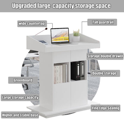 Lectern Solid Wood Podiums Floor Standing Podiums Rolling Podium with Wheel Church Podium and Pulpits Mobile Speaking Lectern with Wire Holes and Storage (White, 39.4″×19.68″×44″)