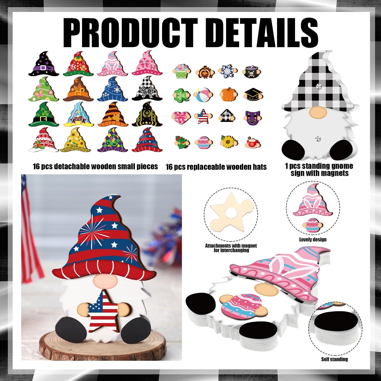 Qunclay 33 Pcs Interchangeable Wooden Gnome Decor Summer 4th of July Patriotic Tiered Tray Decor Set with Magnet and Detachable Hats Holiday Table Centerpieces for Home(Stylish)
