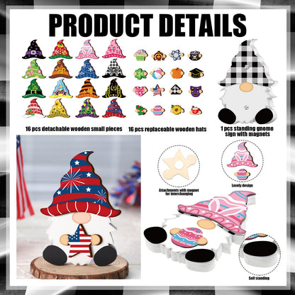 Qunclay 33 Pcs Interchangeable Wooden Gnome Decor Summer 4th of July Patriotic Tiered Tray Decor Set with Magnet and Detachable Hats Holiday Table Centerpieces for Home(Stylish)