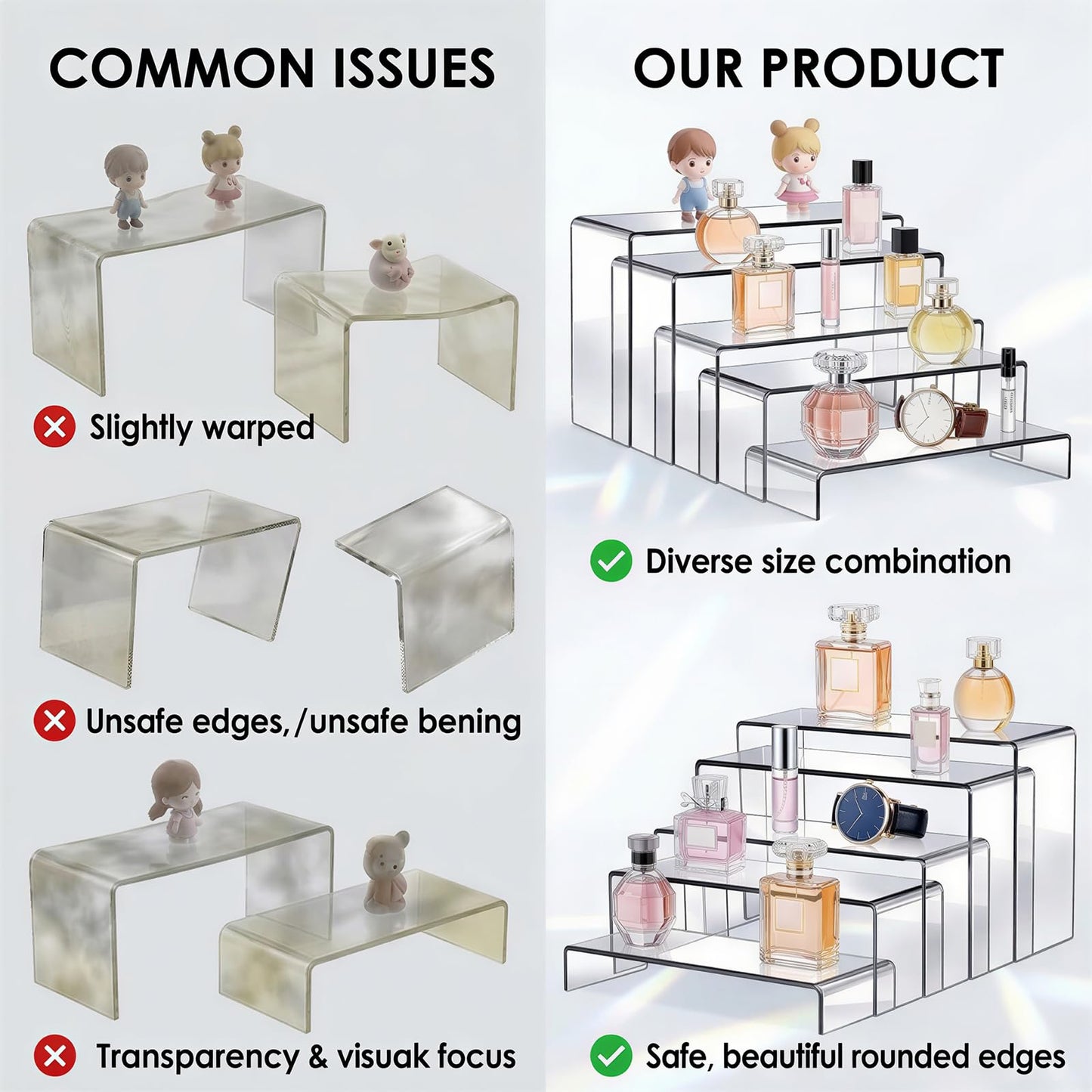Fixwal 20pcs Large Acrylic Risers 4 Set Acrylic Display Stand Perfume Organizer Stands Clear Rectangular Dessert Table Display Set, Display Shelf for Show Cupcake, Figures, Jewelry, Toys