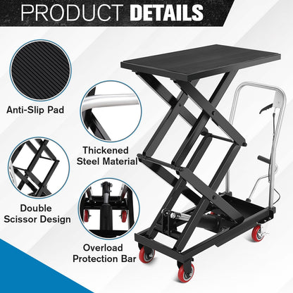 Hydraulic Lift Table Cart, 330 Lbs Capacity 50" Lifting Height Double Scissor Lift Table with Anti-Slip Pad & 4 Wheels for Material Handling & Transportation in Warehouse, Workshop, Black