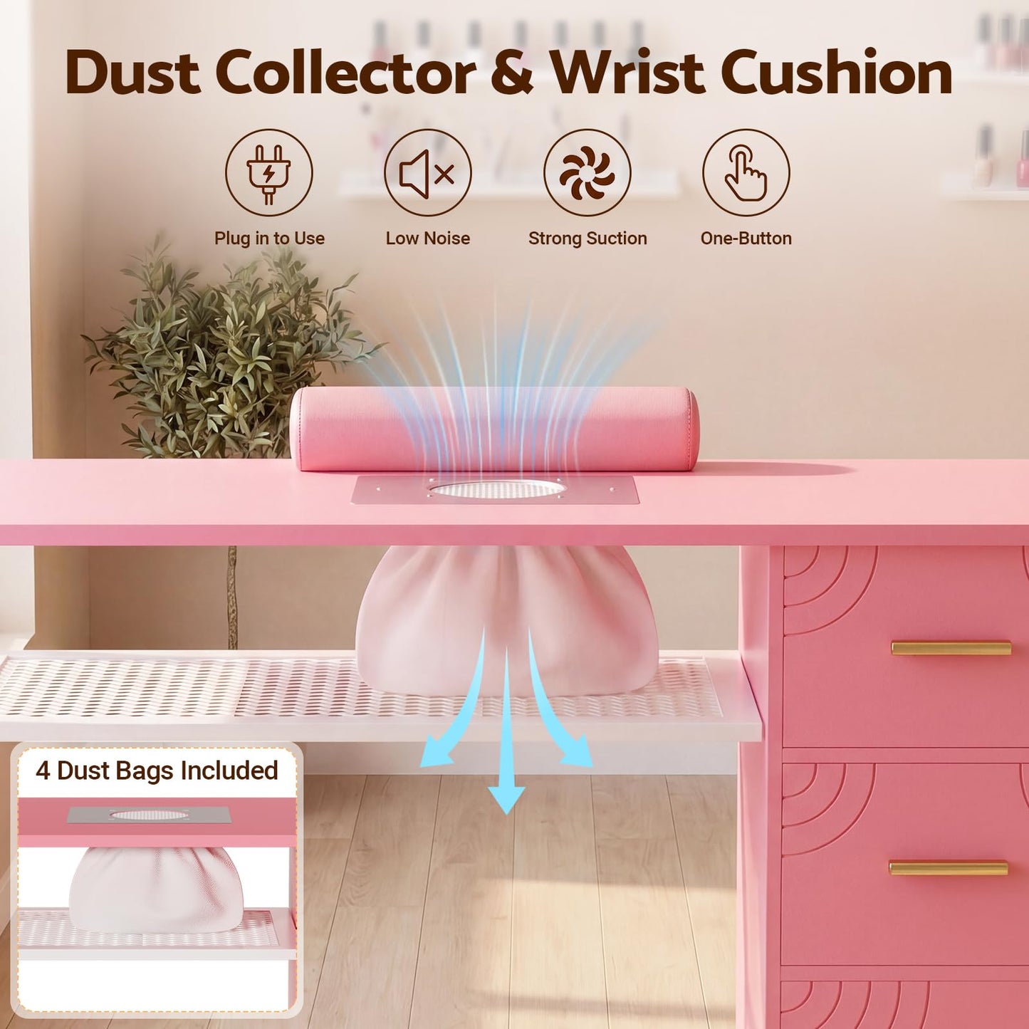Mobile Manicure Table with Dust Collector, Double Tabletop Nail Desk for Technician, Nail Station w/Display Shelves, 3 Adjustable Layers, Drawers, Cabinets, Sliding Door & LED Light Strip, Pink