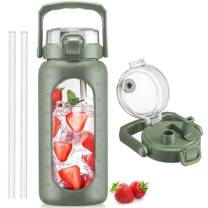 BLUEGO 64oz Glass Water Bottle with Handle and Straw, Motivational Sports Water Bottle with Time Marker and Silicone Sleeve Leakproof Drinking Bottle for Travel Gym Workout, Olive