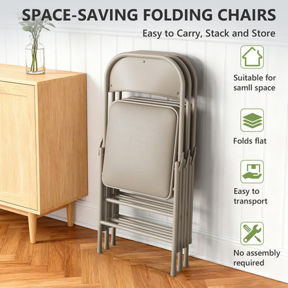 Folding Chairs 12 Pack, PU Leather Padded Folding Chairs for Outside and Indoor, Heavy Duty Portable Foldable Metal Commercial Seat for Home Office, Dorm, Party, Backyard, Lawn, Patio, Khaki