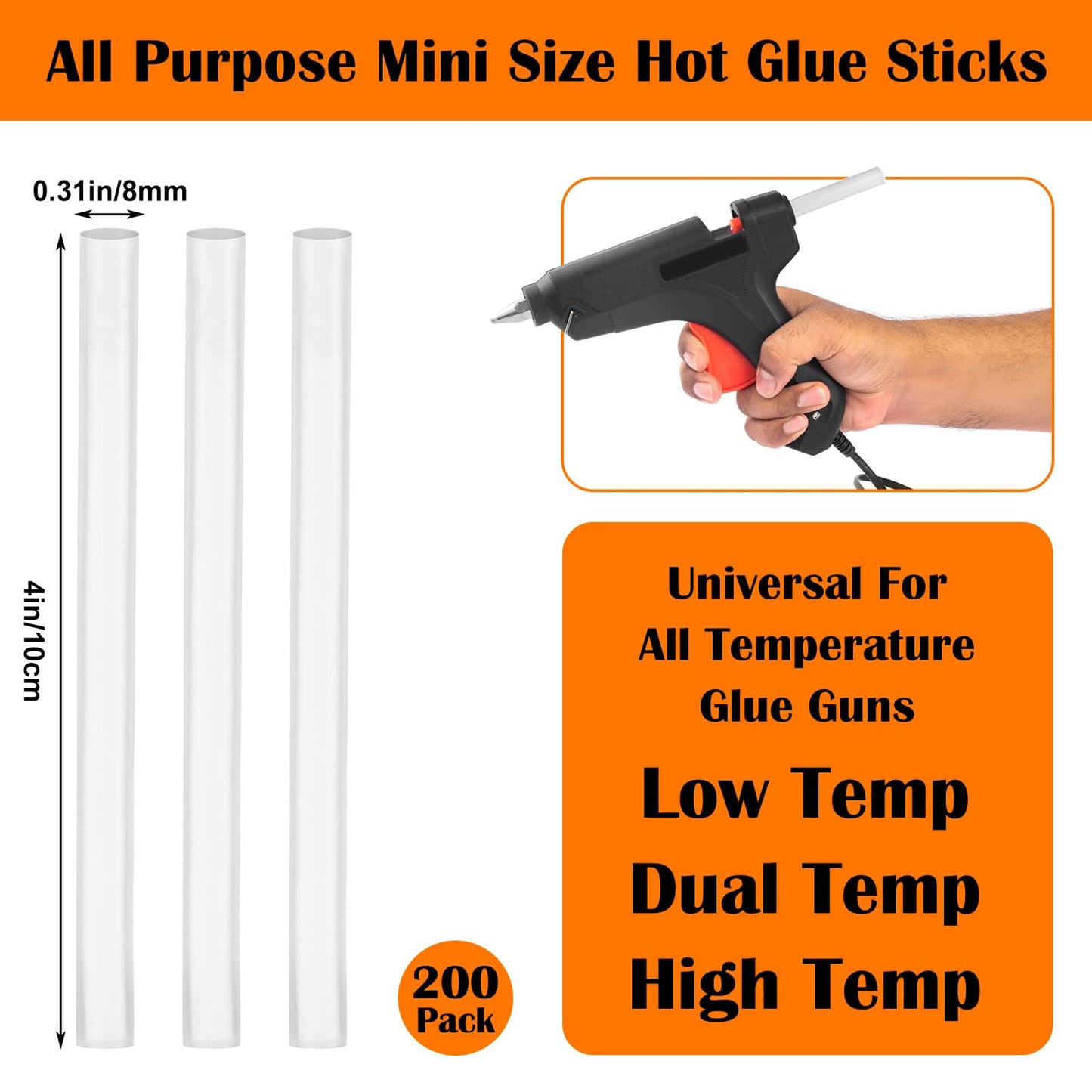 200 Pack Mini Hot Glue Sticks, Clear Hot Glue Sticks, 4 Inch and 8 mm Diameter High Viscosity All-Purpose Glue Stick for DIY Art, Craft General Repairs, Festival Home Decoration