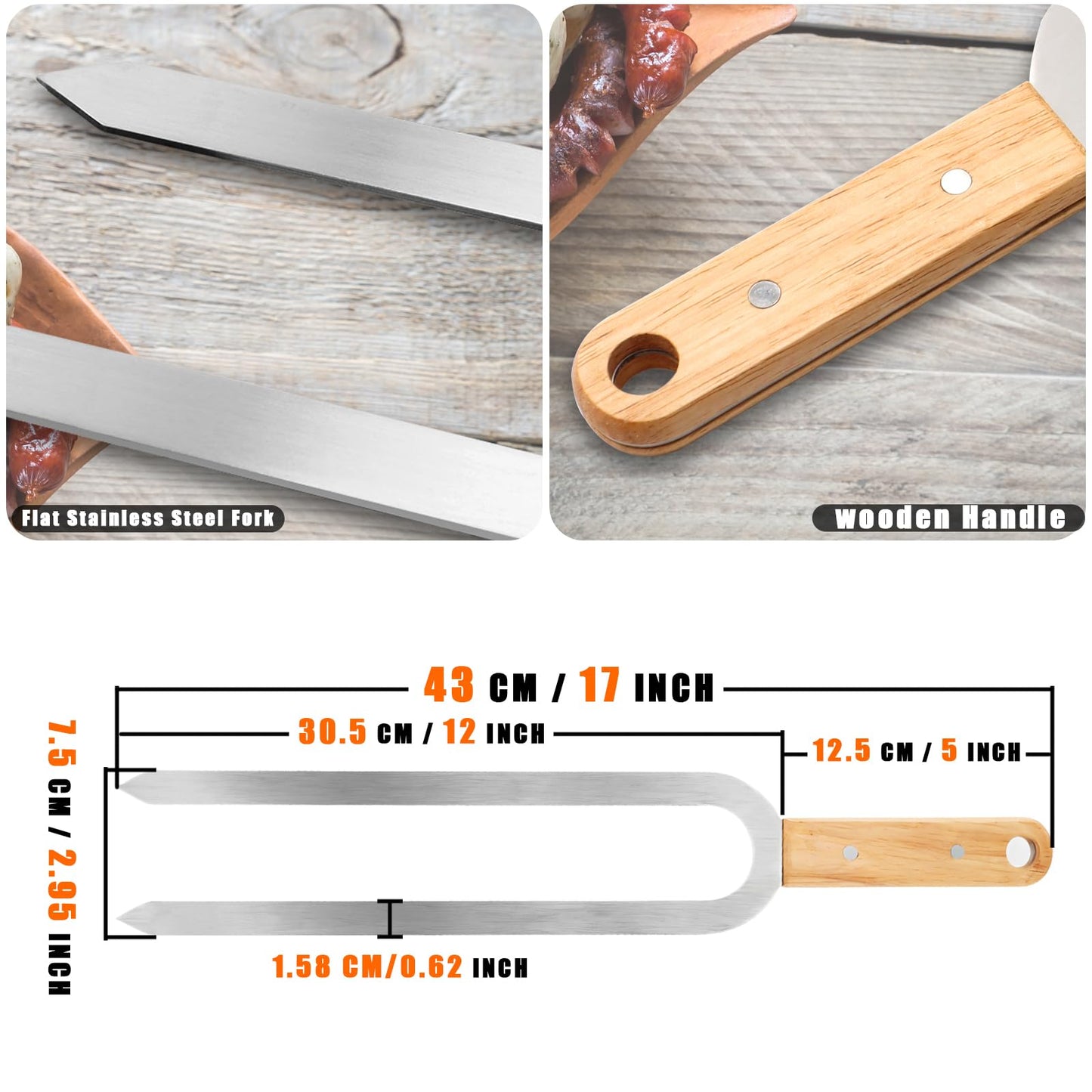 Anyuecoco Skewers for Grilling,2 PCS - 17 Inch Double Pronged Kabob Skewers With Wooden Handles,Heavy Duty Stainless Steel Skewer, Flat Skewer,For Grilling Meat, Vegetables, and Outdoor Cooking