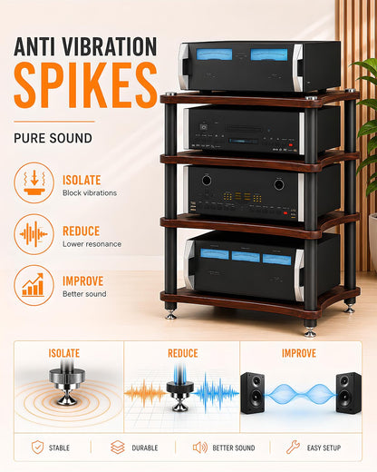 RAJYQODIS Heavy Duty Audio Component Rack, Large Storage Space AV Media Stand with Shock-Absorbing Foot pegs, Audio Rack Tower CD Player Stand for Home/Office/Audio Video/Theate (Teak, 4th)