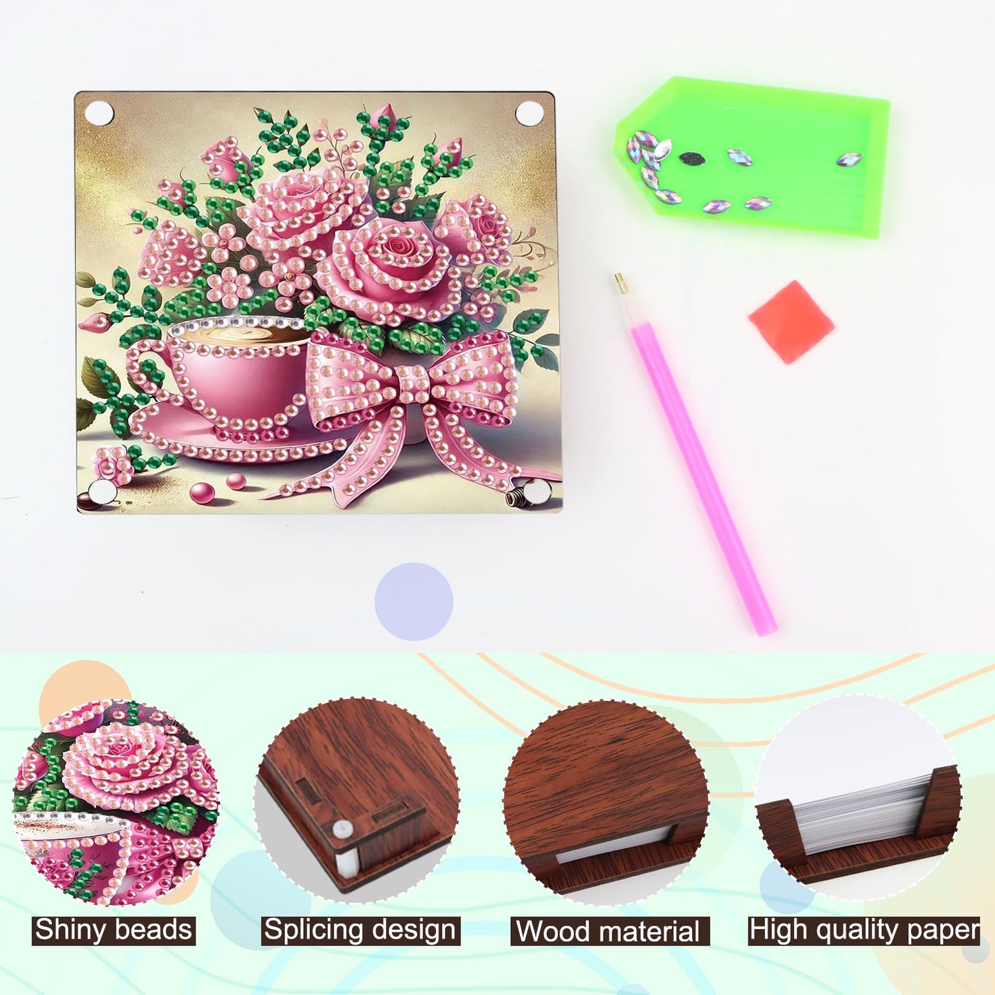 JISHSHAY 2 PCS Diamond Art Note Box Flower Diamond Painting Note Pad Holder Tea Cup Gem Painting Gem Art Memo Boxes Mosaic Kits for Adults Embroidery Kit Memo Pad Holder, Contains 120 Sheets of Paper