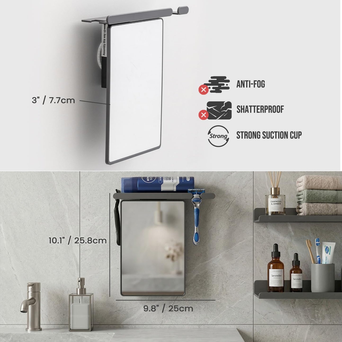 TAILI Shower Mirror Fogless for Shaving with Razor Holder, Anti-Fog with Powerful Suction Wall Mounted for Bathroom, Makeup Shave Mirror for Men & Women, Shatterproof & Removable, Grey
