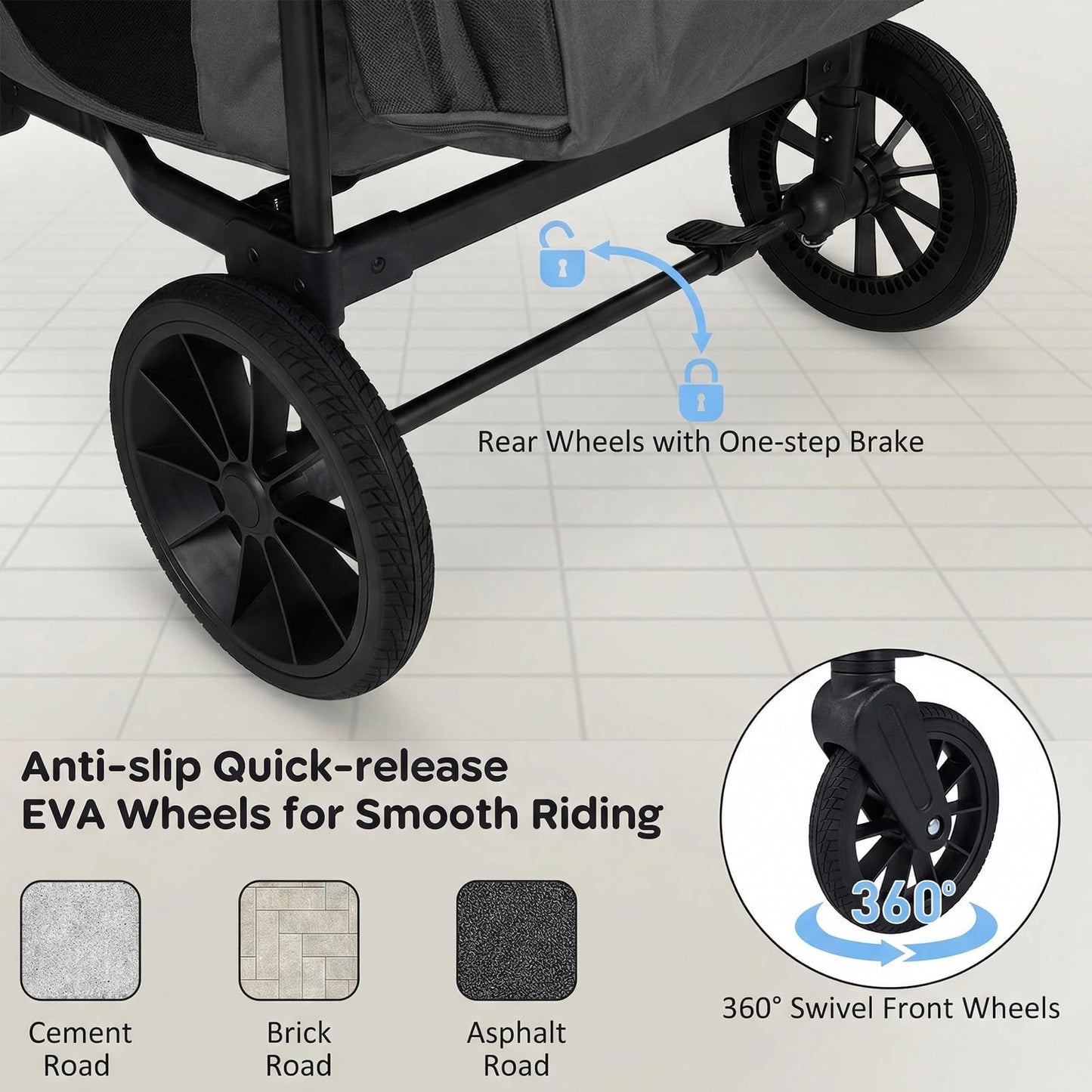 BABY JOY Wagon Stroller for 4 Kids, Foldable Stroller Wagon with Removable Canopy, Adjustable Handle, Snack Tray, Parent Organizer, 5-Point Safety Harness, Convertible Diaper Bag/Changing Pad (Gray)