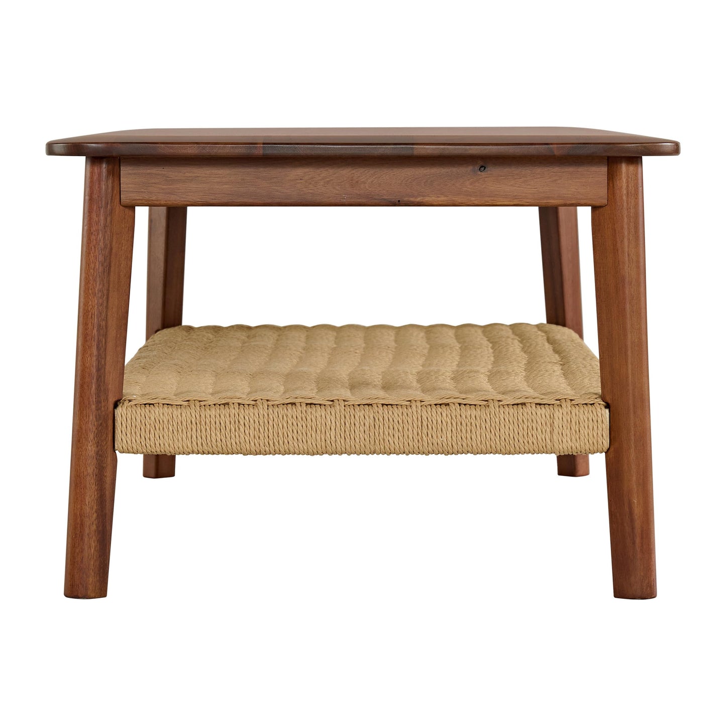 Alaterre Furniture Calais 48 Inch Rectangular Solid Wood Coffee Table with Woven Storage Shelf – Mid Century Modern 2-Tier Living Room Table (Chestnut)