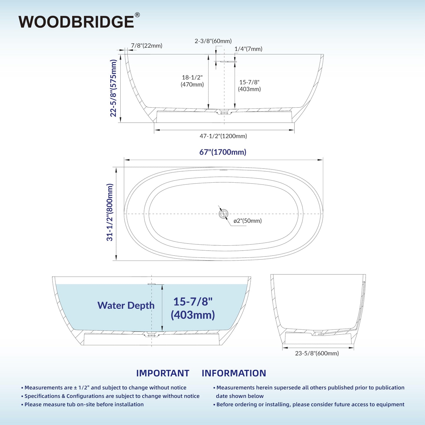 WOODBRIDGE 67" Marble-Pattern Stone Resin Freestanding Soaking Tub, Modern Oval Solid Surface Bathtub with Integrated Slotted Overflow & Drain, Matte Finish, CST0745