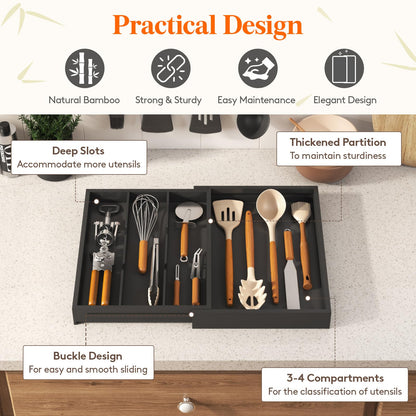Lifewit Utensil Organizer for Kitchen Drawer, Expandable 13 to 22.4 Inches Wide, Adjustable Cooking Silverware Tray, Bamboo Cutlery Flatware Holder, Spatula Tools and Gadgets Storage Divider, Natural