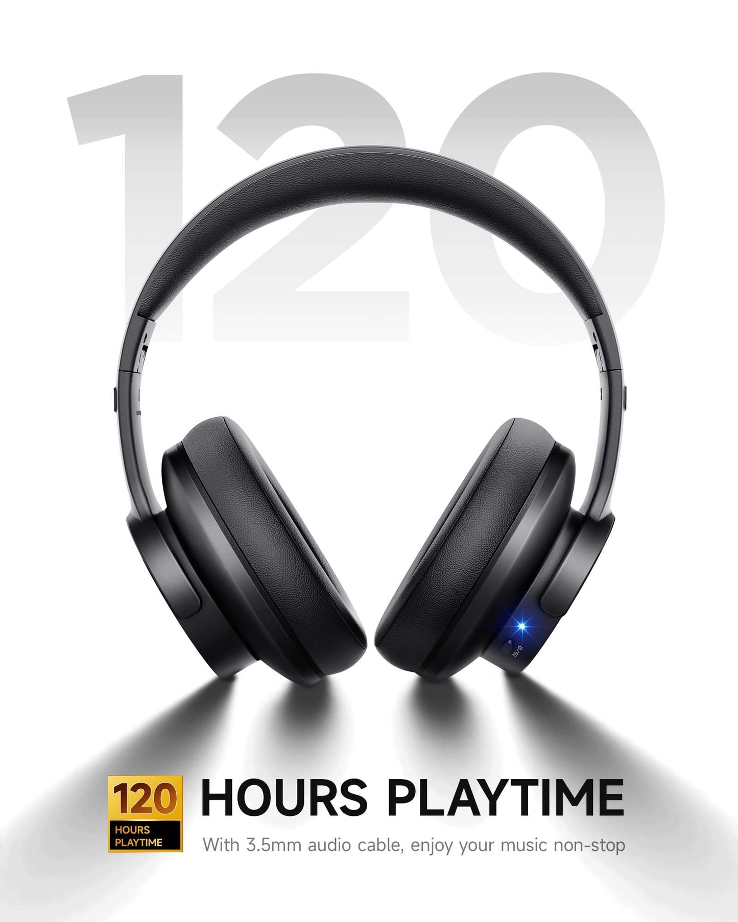 Picun B8 Bluetooth Headphones, 120H Playtime Headphone Wireless Bluetooth with 3 EQ Modes, Low Latency, Hands-Free Calls, Over Ear Headphones for Travel Home Office Cellphone PC Black
