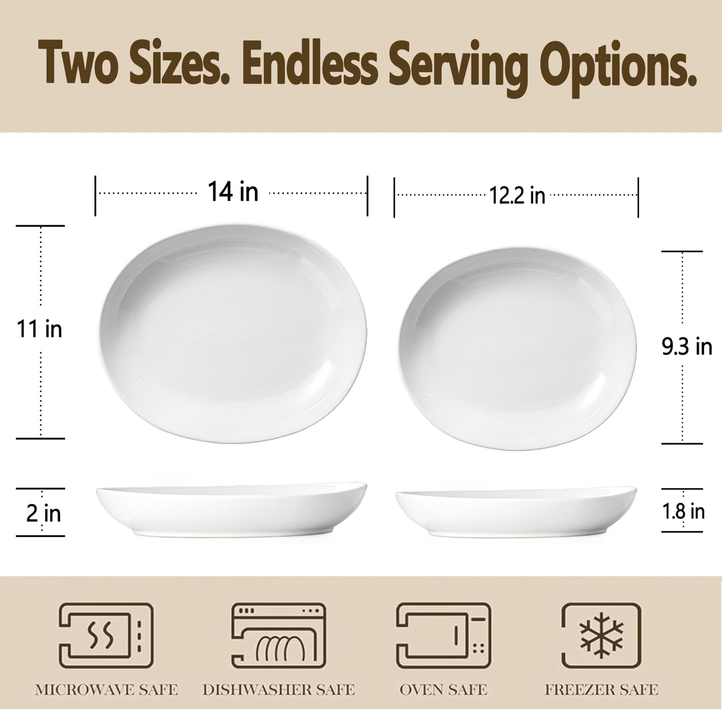 Gacoree Oval Serving Platters Set of 2 (14" & 12"), Large Deep Ceramic Serving Dishes for Entertaining, Turkey, Fish, Salad, Oven Safe White Porcelain Serving Plates