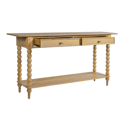 Christopher Knight Home Zeka Narrow Console Table with Storage, Wood Entryway Table with 2 Drawers and 1 Bottom Shelf, Retro Display Table with Unique Spherical Legs for Hallway, Living Room, Natural