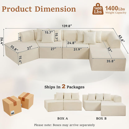 CACFTII 140" Oversized Boneless Couch, Curved Cloud Sectional Couch with L-Shape Chaise, Compressed Memory Foam Couch, Velvet Modular Sectional Sofa for Living Room, No Assembly Required, White