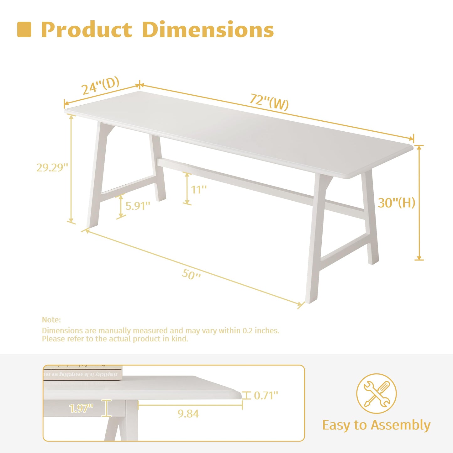 IOTXY Solid Wood Writing Table - 72" W x 24" D Minimalist Long Computer Desk for Home Office, Work, Study, Creativity, and PC Workstation, White